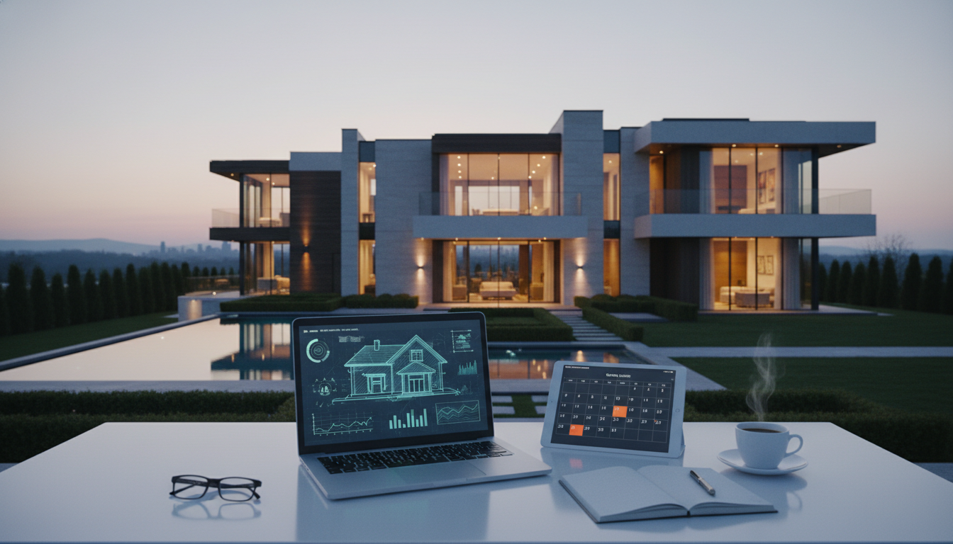 Luxury estate home in Franklin Lakes with strategic market timing analysis displayed on laptop and calendar, illustrating the best time to sell a luxury home and luxury real estate market timing in North Jersey