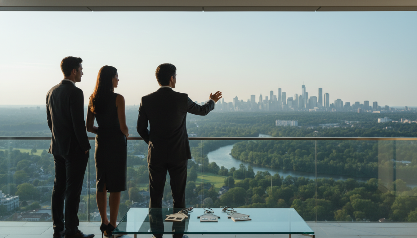 Luxury real estate consultation overlooking Franklin Lakes and North Jersey skyline, illustrating strategic timing guidance from a trusted real estate agent in Clifton NJ for selling high end estate homes