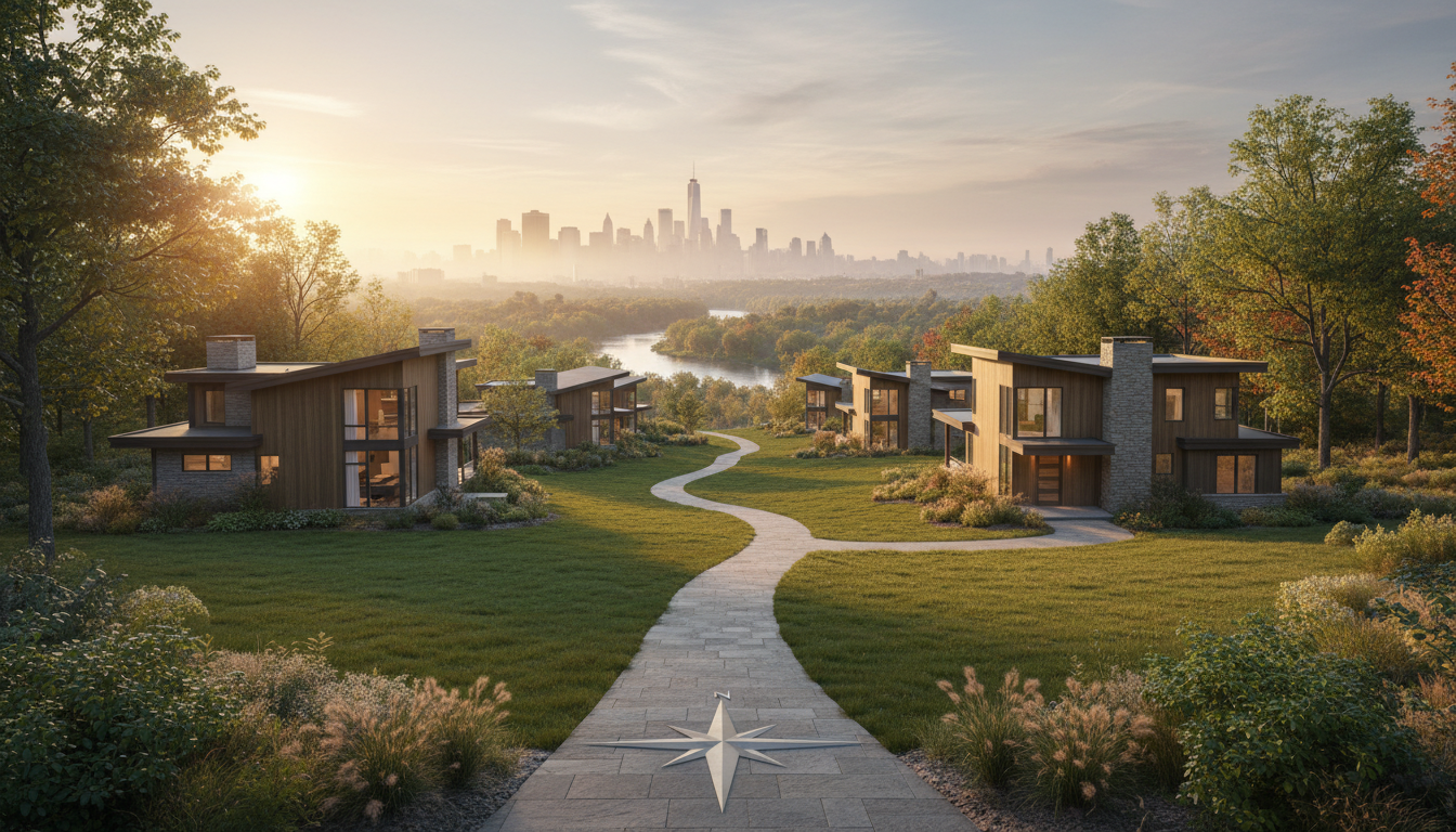 Luxury homes in Franklin Lakes NJ overlooking a river and city skyline at sunset, showing upscale living near nature and top weekend activities in Bergen County
