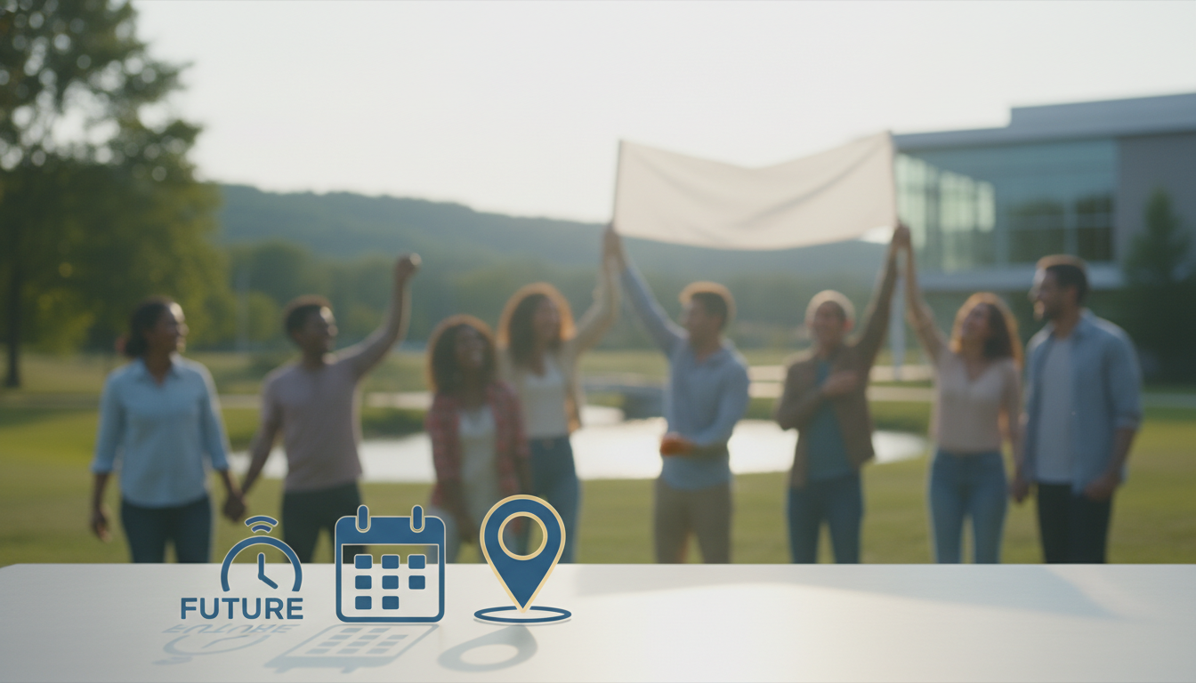 Community event in Franklin Lakes NJ showing neighbors gathering in a park with a banner and event icons, highlighting local activities and town sponsored gatherings in Bergen County