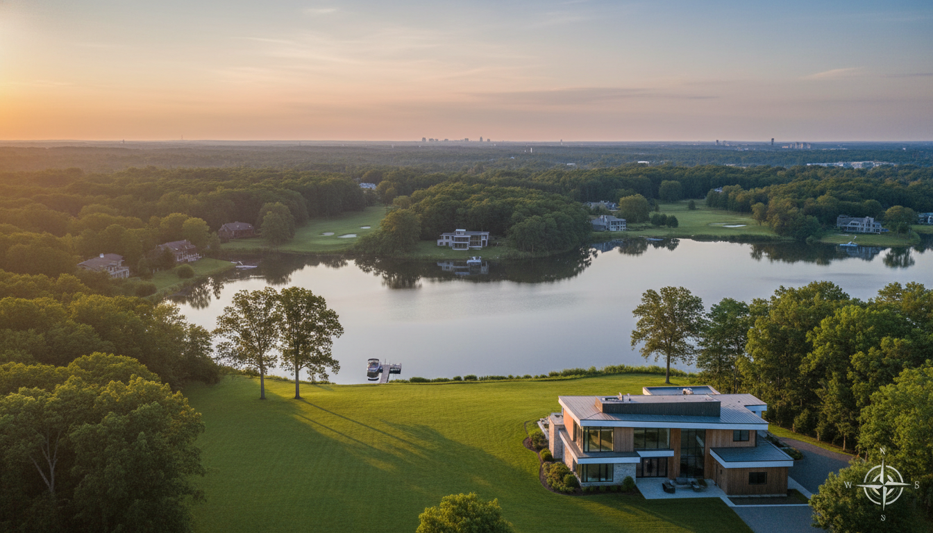 Aerial view of Franklin Lakes NJ showing luxury homes, a scenic lake, and wooded surroundings at sunset, highlighting why the town is a premier place to live in Bergen County