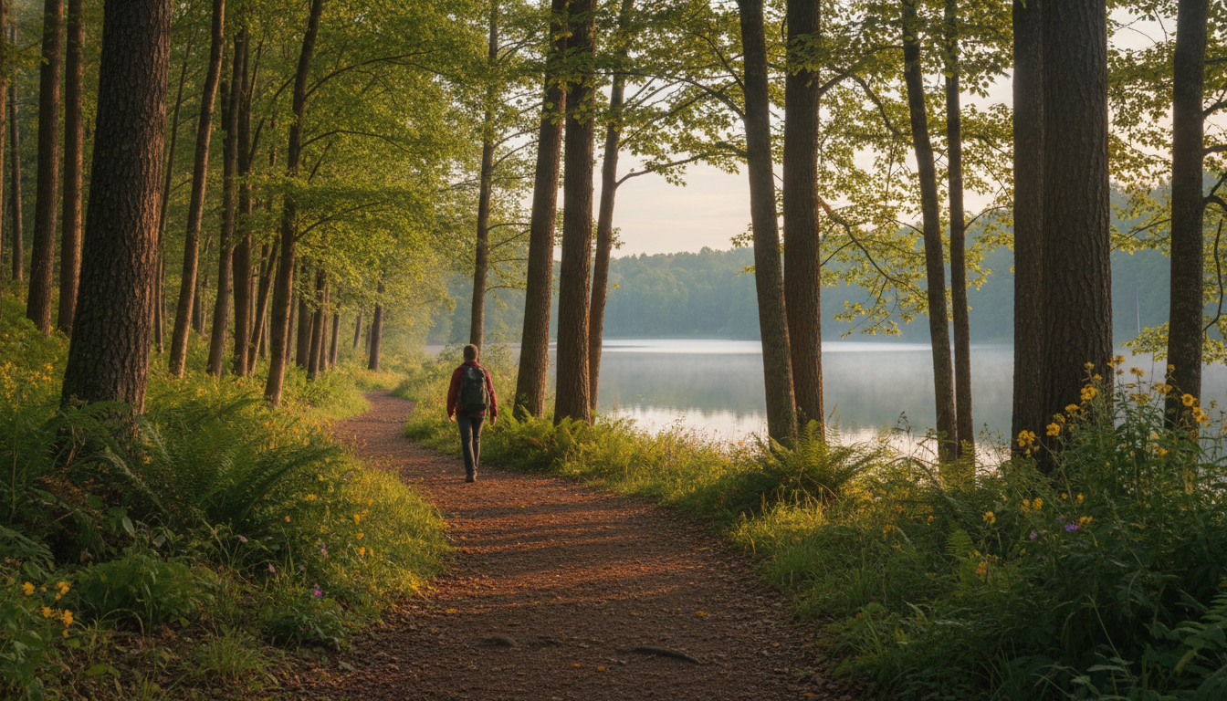 Hiking trail in Franklin Lakes NJ along a peaceful lakeside forest, showcasing scenic nature trails and popular weekend activities in Bergen County