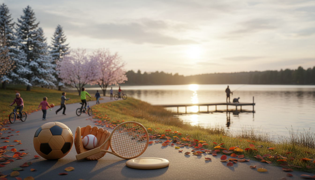 Family friendly recreation in Franklin Lakes NJ with children biking and playing sports near the lake at sunset, highlighting community activities and outdoor programs in Bergen County