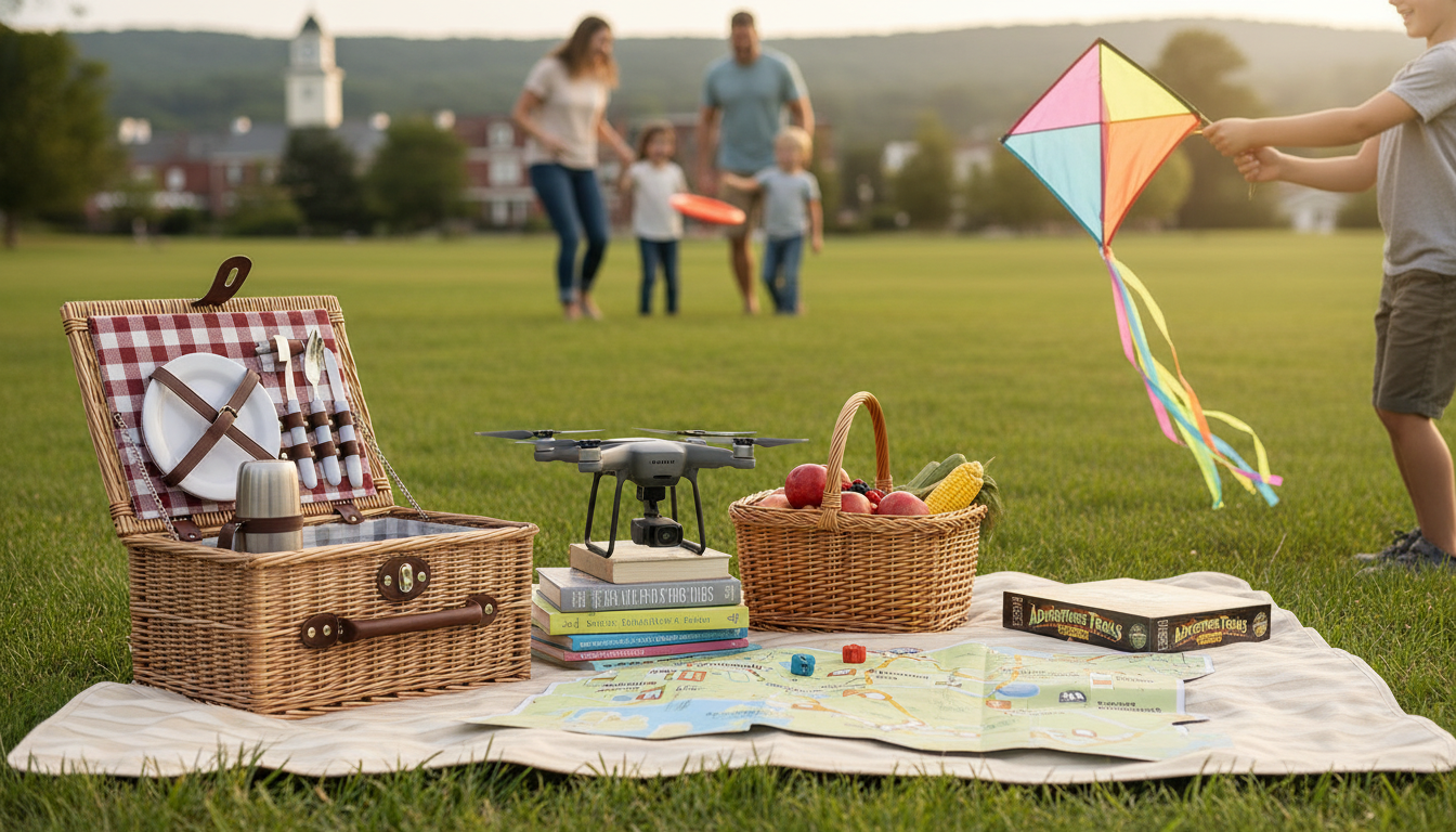 Family picnic in Franklin Lakes NJ with children flying a kite in a green park, baskets of food and outdoor games set up for a fun weekend event and family activities in Bergen County