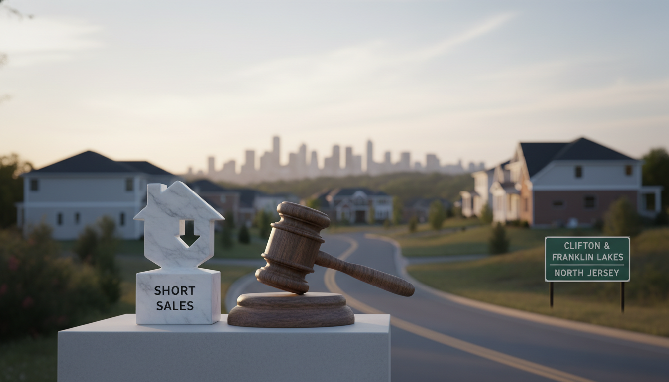Real estate short sale and probate concept in Clifton and Franklin Lakes NJ showing a home icon, judge’s gavel, and North Jersey neighborhood backdrop, representing expert guidance for complex home sales