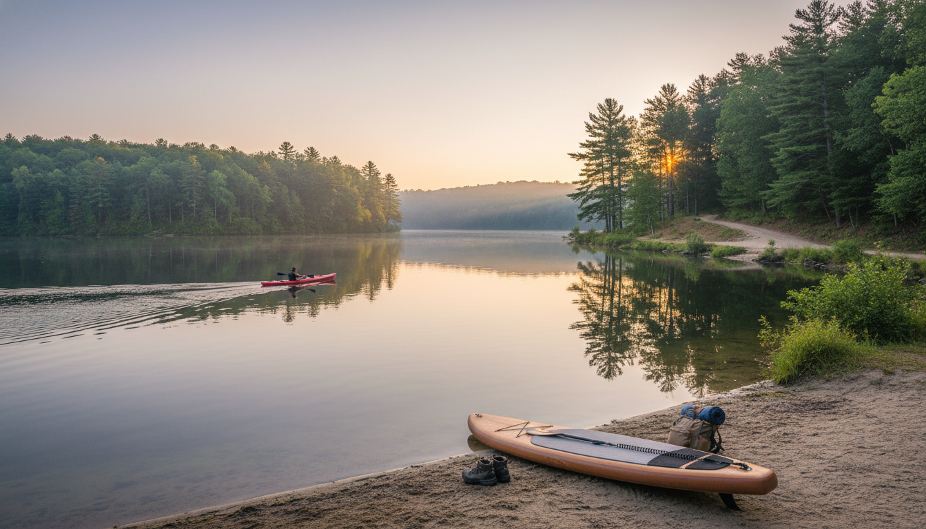 Lakeside kayaking at sunrise in Franklin Lakes NJ showing calm water, wooded shoreline, and a paddleboard on the beach, a peaceful outdoor activity for weekend visitors and families in Bergen County