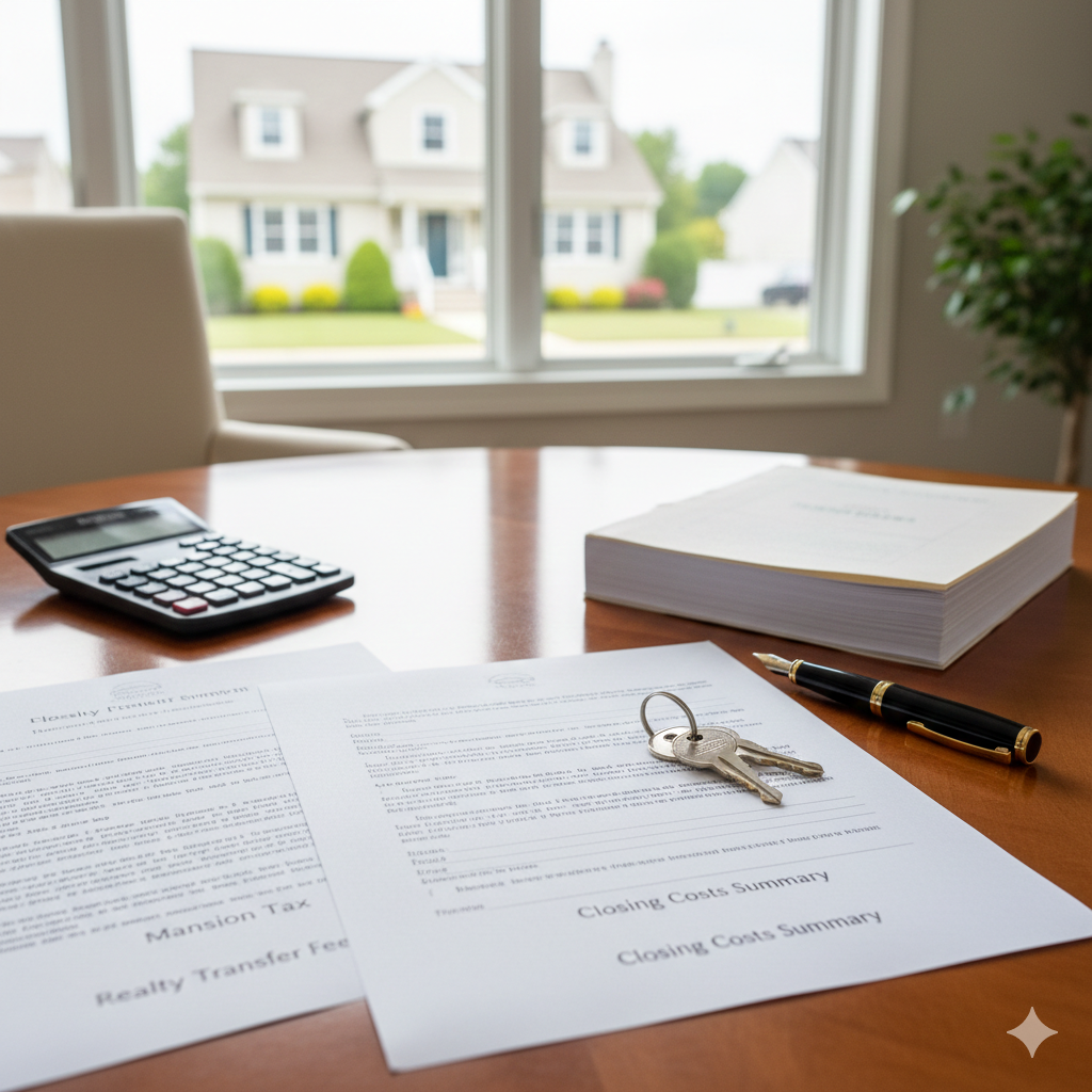 Closing costs summary document with house keys, calculator, and paperwork labeled Realty Transfer Fee and Mansion Tax on table, representing New Jersey inherited property taxes and real estate closing expenses.