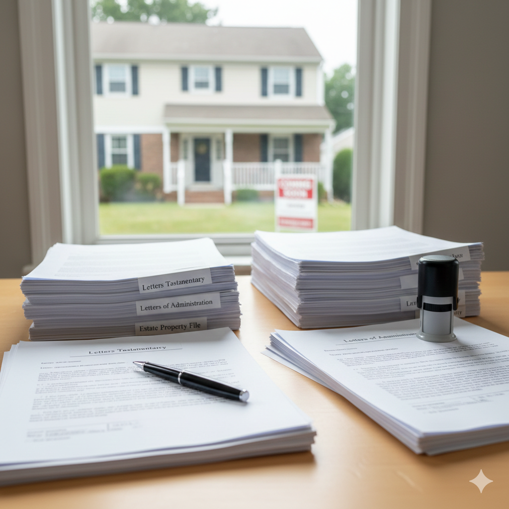 Letters Testamentary and Letters of Administration documents on desk with estate property file and house in background, representing probate sale process in Passaic County NJ