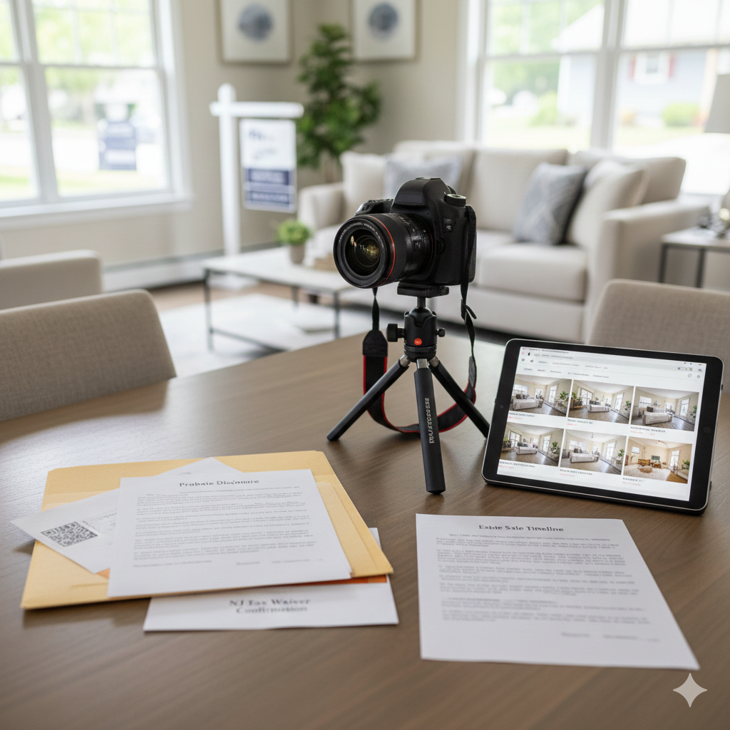 Professional real estate photography setup inside staged probate home with camera on tripod, estate sale timeline, probate disclosure documents, and NJ tax waiver confirmation in Passaic County NJ