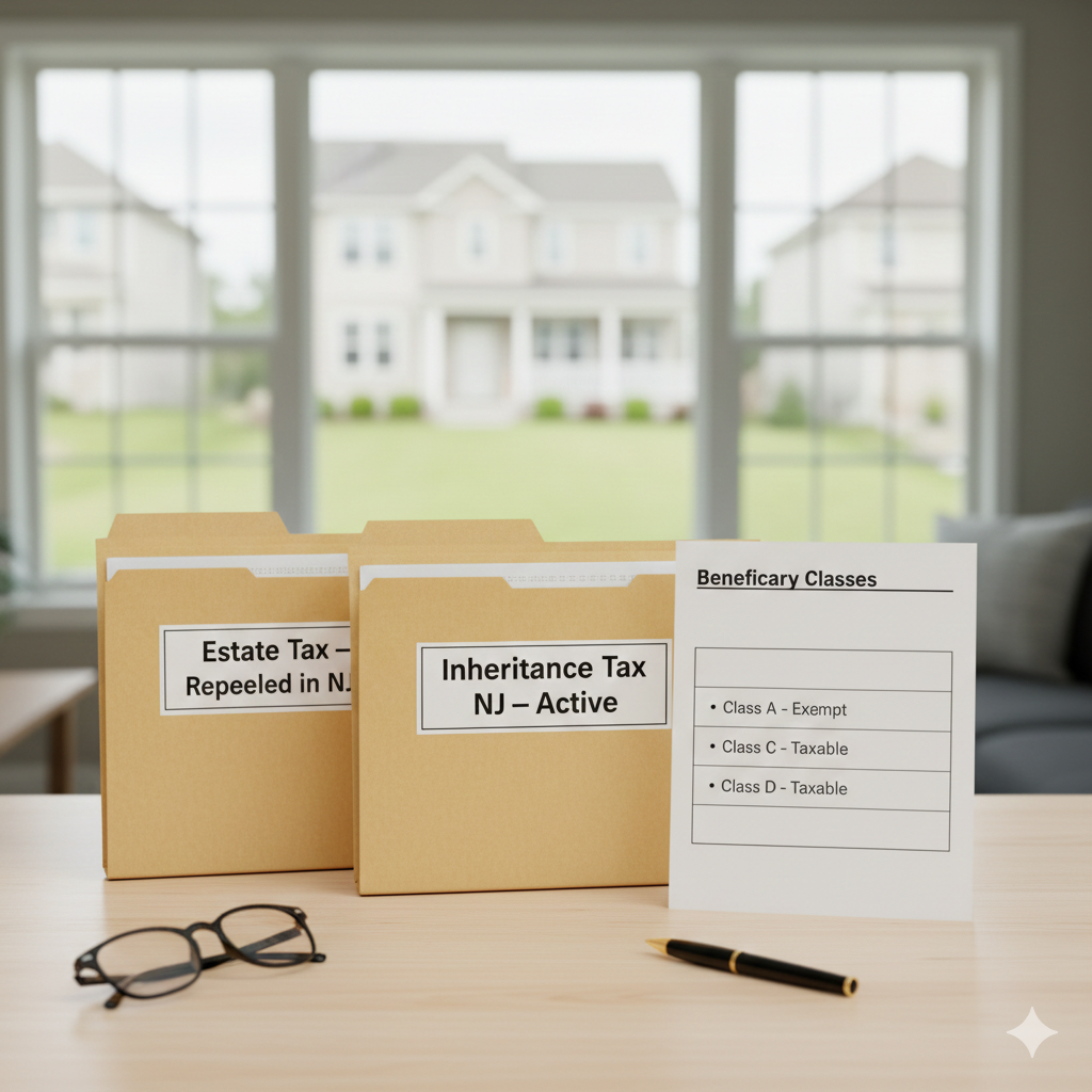Folders labeled Estate Tax Repealed in NJ and Inheritance Tax NJ Active with beneficiary classes chart showing Class A exempt and Class C and D taxable, explaining inherited property taxes in New Jersey