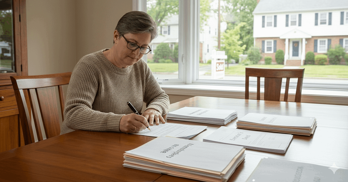 Executor signing Executor’s Deed at closing table with NJ inheritance tax waiver and estate documents, completing probate property sale in North Jersey