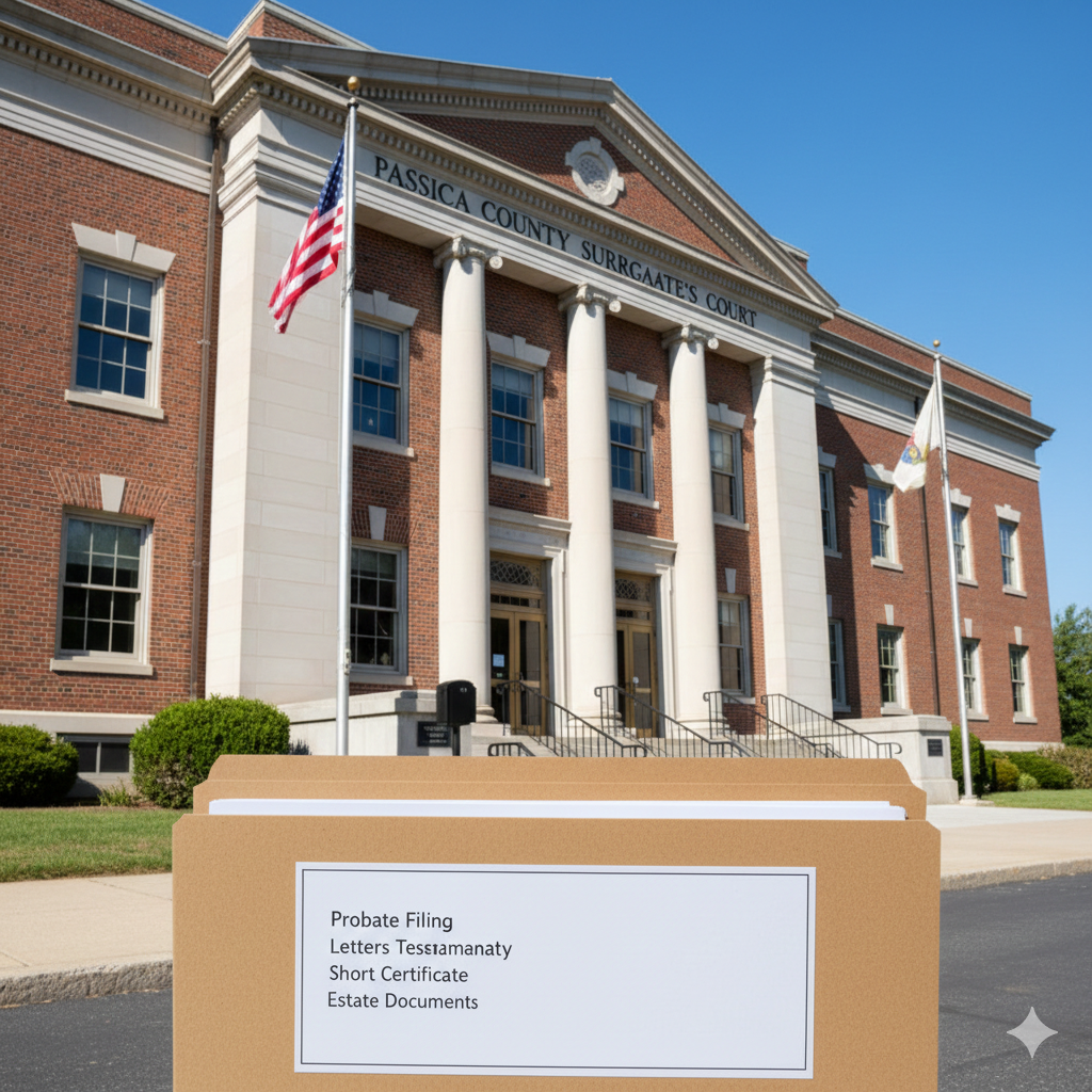 Passaic County Surrogate’s Court building in Paterson NJ with probate filing folder labeled Letters Testamentary and Short Certificate in foreground, representing selling inherited property process