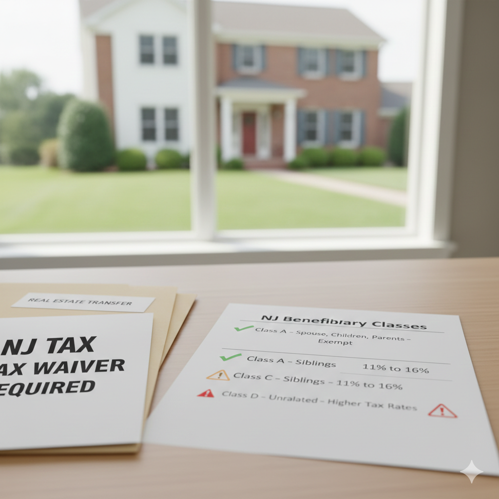 NJ beneficiary classes chart showing Class A exempt and Class C and D taxable with NJ tax waiver required document and North Jersey home in background, explaining inherited property taxes and real estate transfer requirements