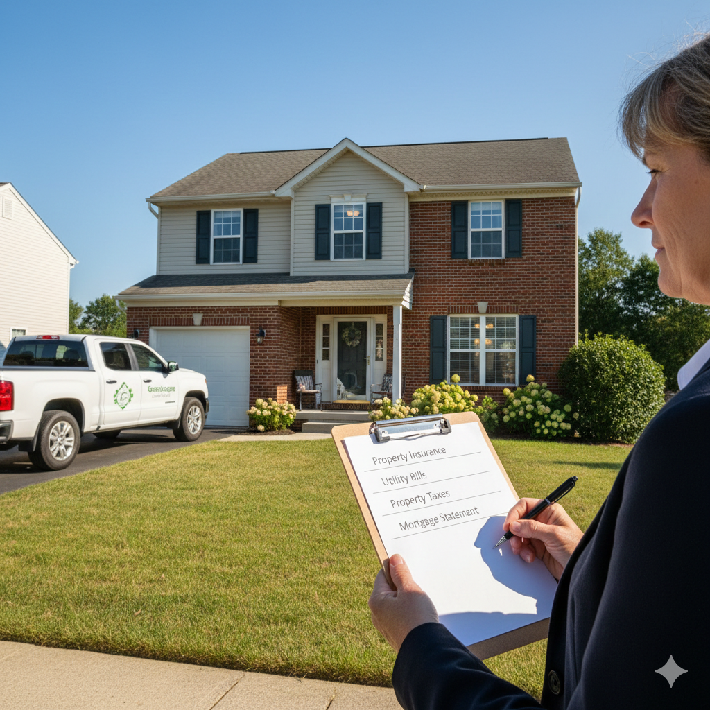 Executor managing probate property in North Jersey, reviewing insurance, utility bills, property taxes, and mortgage statement in front of well-maintained estate home during probate process