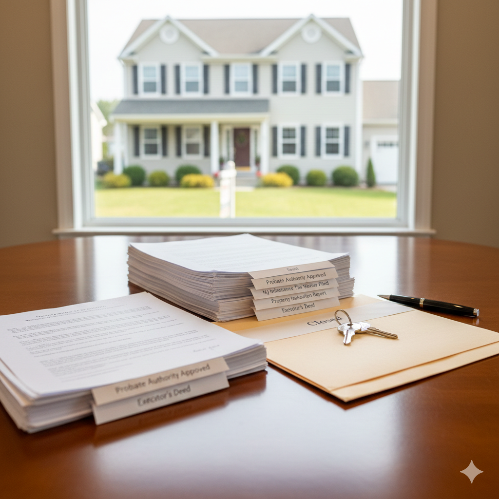 Probate authority approved documents, NJ inheritance tax waiver filed, Executor’s Deed and house keys on closing folder with North Jersey home in background representing streamlined estate property sale process