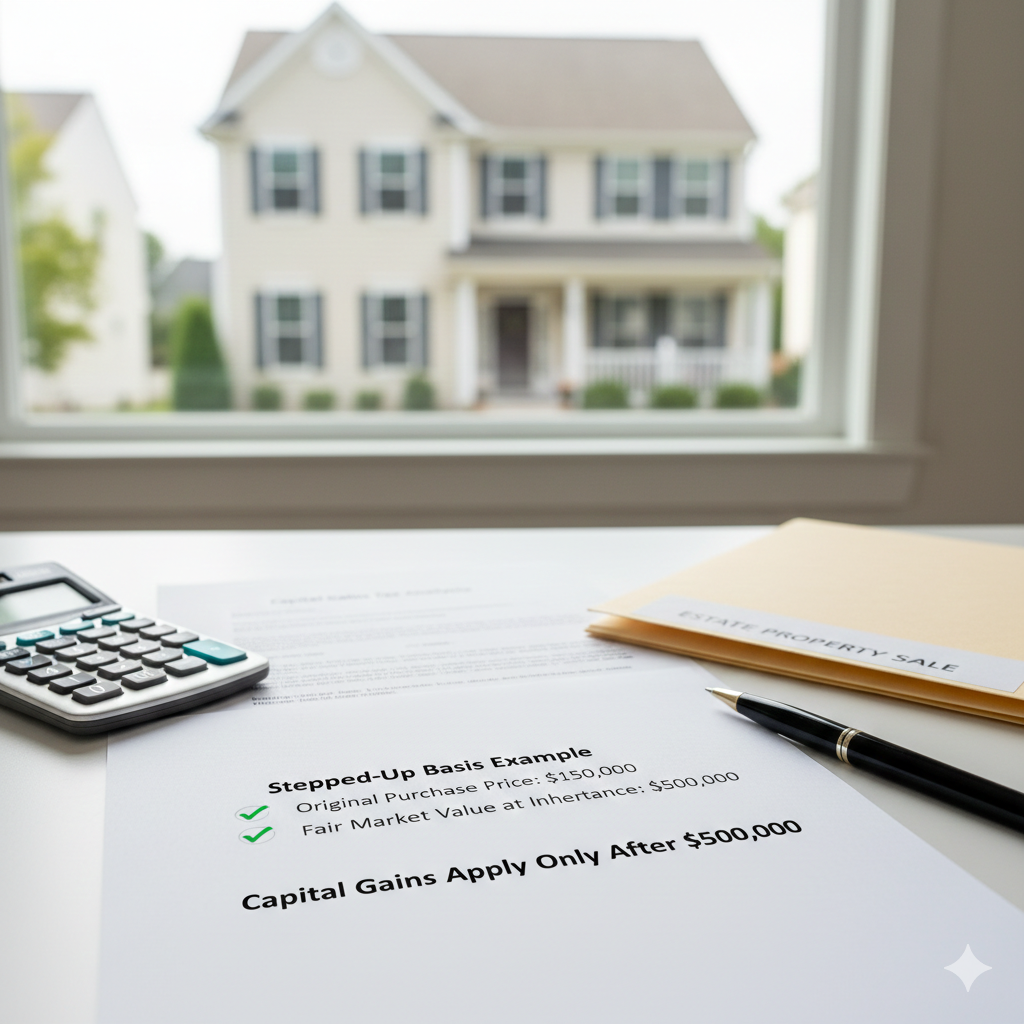 Stepped-up basis example showing original purchase price of $150,000 and fair market value at inheritance of $500,000 with calculator and estate property sale folder, explaining capital gains tax on inherited home in New Jersey