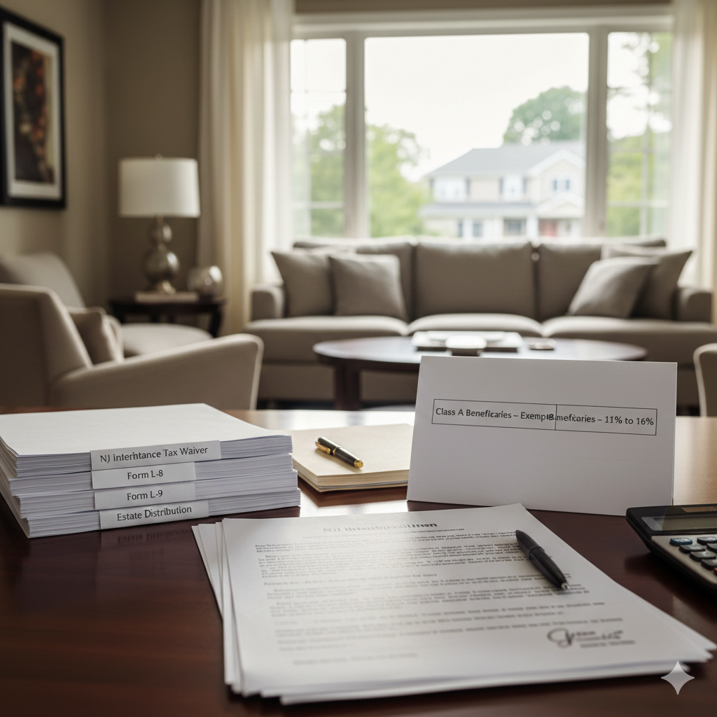 Desk with NJ Inheritance Tax Waiver forms L-8 and L-9, estate distribution documents, and chart showing Class A exempt and Class C/D 11 to 16 percent, representing inherited house sale tax process in New Jersey