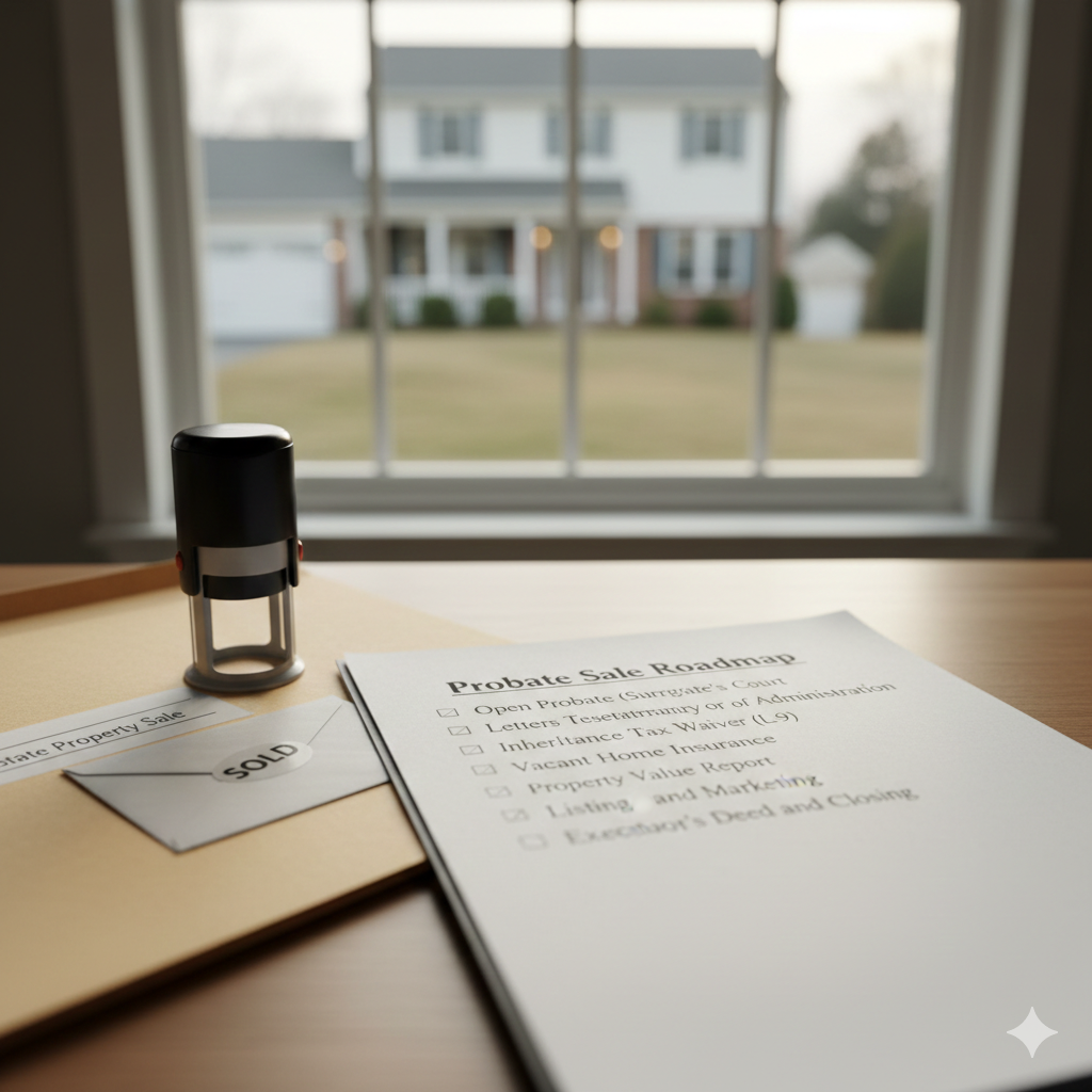 Probate sale roadmap checklist with Executor’s Deed steps, inheritance tax waiver, and sold envelope on desk, overlooking North Jersey home during estate property sale process