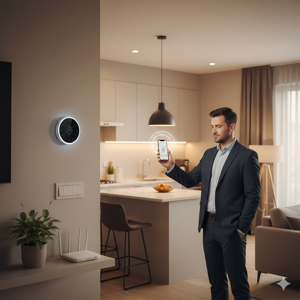 North Jersey home staged with smart thermostat, updated light switches, clean WiFi setup, and homeowner controlling lighting via smartphone, illustrating smart home integration to help sell house faster in 2026 market