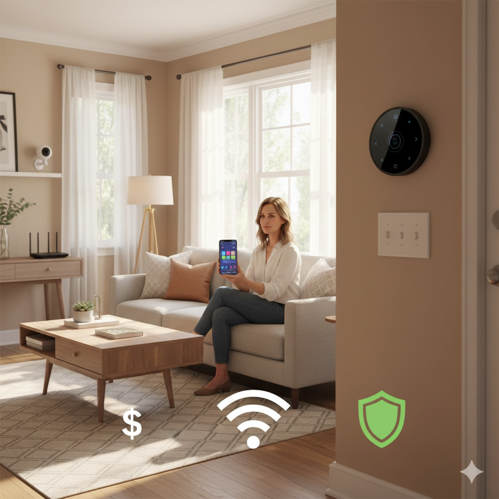 Paterson NJ living room staged with smart thermostat, updated light switches, visible WiFi setup, and security camera, illustrating smart home upgrades that increase home value and attract confident buyers in 2026
