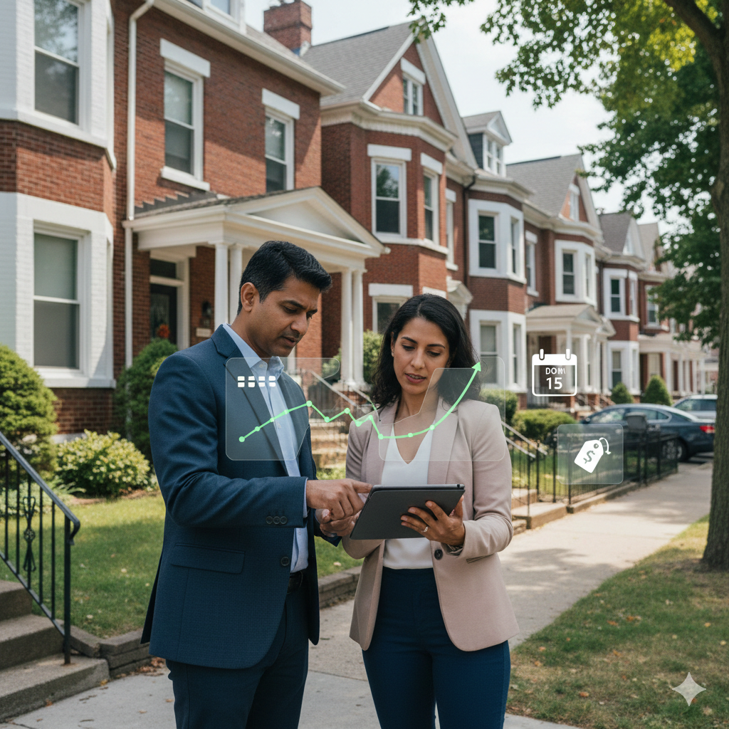 Paterson NJ real estate agent reviewing 2026 housing market data on tablet with homeowner outside brick multifamily homes in Passaic County neighborhood, illustrating selective buyers and pricing strategy to sell your house fast