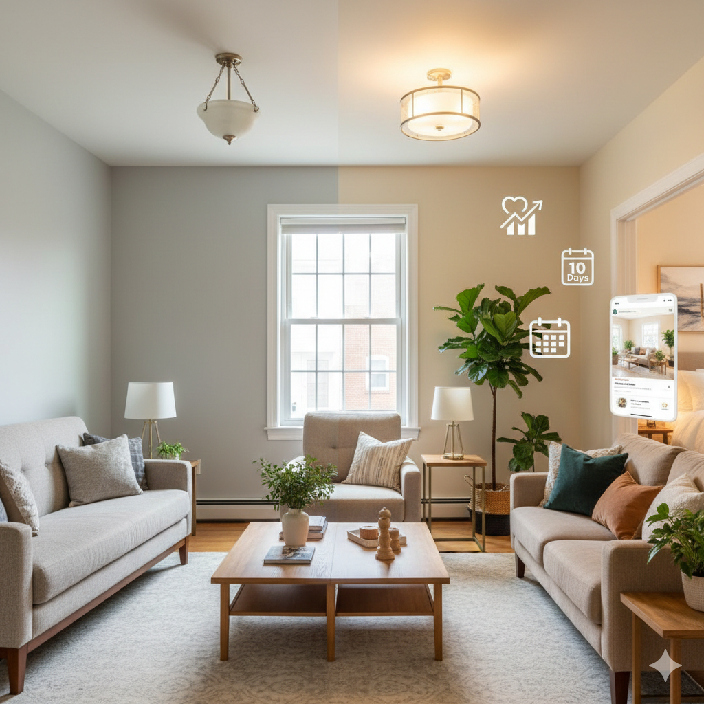 Staged North Jersey living room with warm neutral walls, layered lighting, and biophilic design elements illustrating 2026 home staging tips to sell house faster in Paterson NJ market