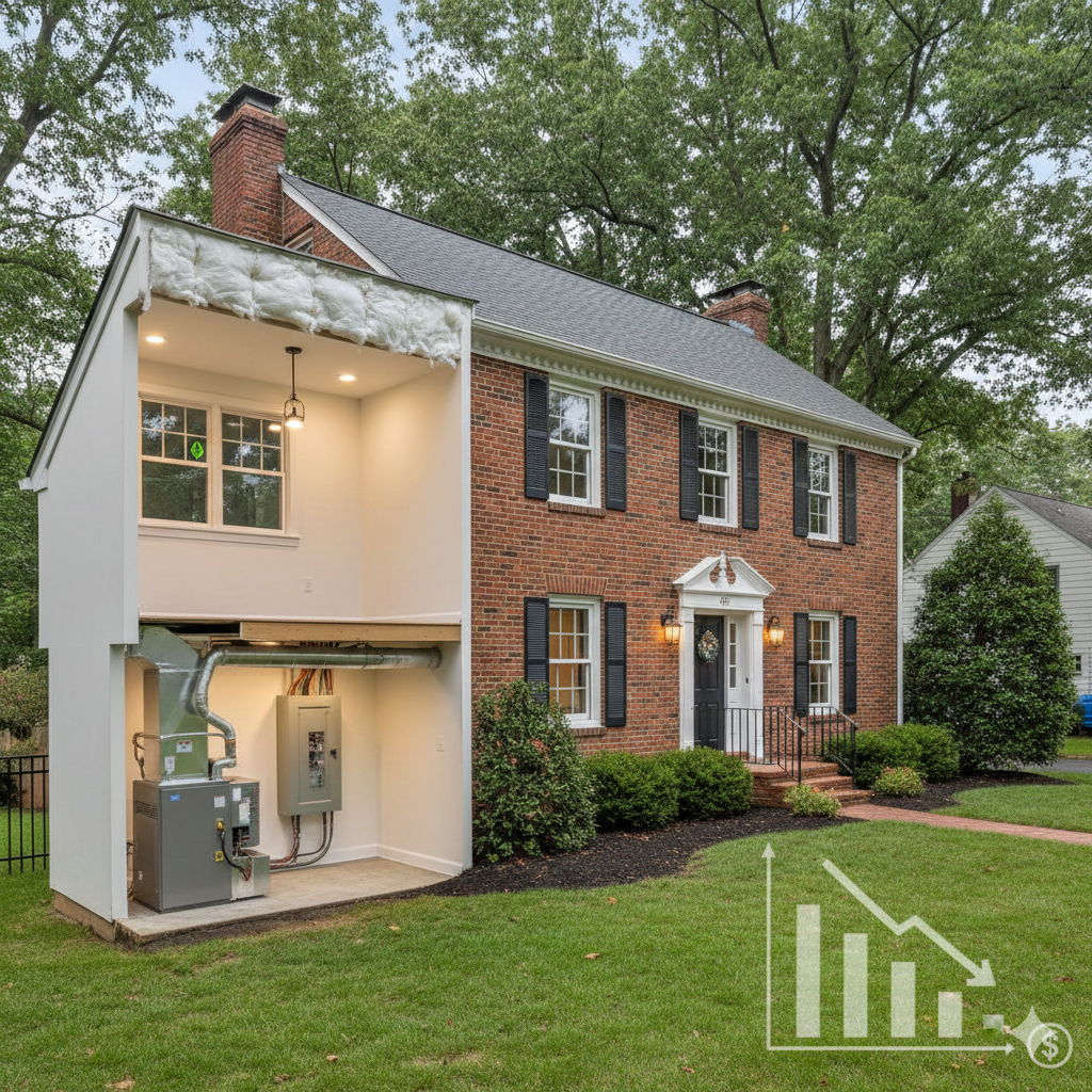 Paterson NJ brick home with cutaway view showing upgraded HVAC system, modern electrical panel, attic insulation, and energy-efficient lighting to increase home value and improve home improvements ROI in 2026 market