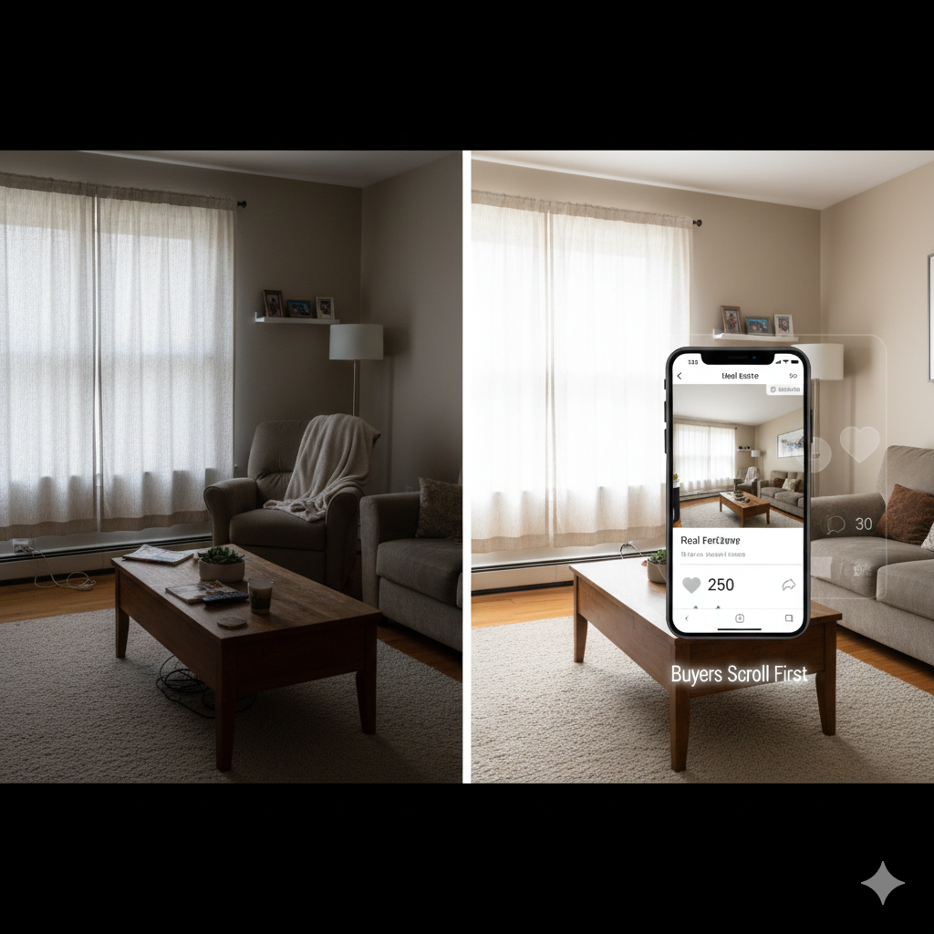 Before and after living room staging comparison in New Jersey home showing decluttered, brightened interior with smartphone listing preview, illustrating how presentation helps sell house quickly in 2026 market
