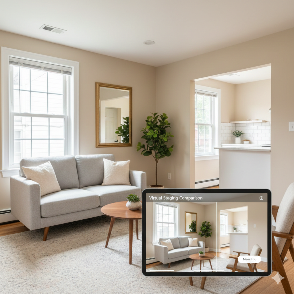 Compact North Jersey living room staged with proportional furniture, warm neutral walls, wall mirror, and virtual staging comparison on tablet, illustrating urban home staging tips to sell house faster in Paterson and Clifton