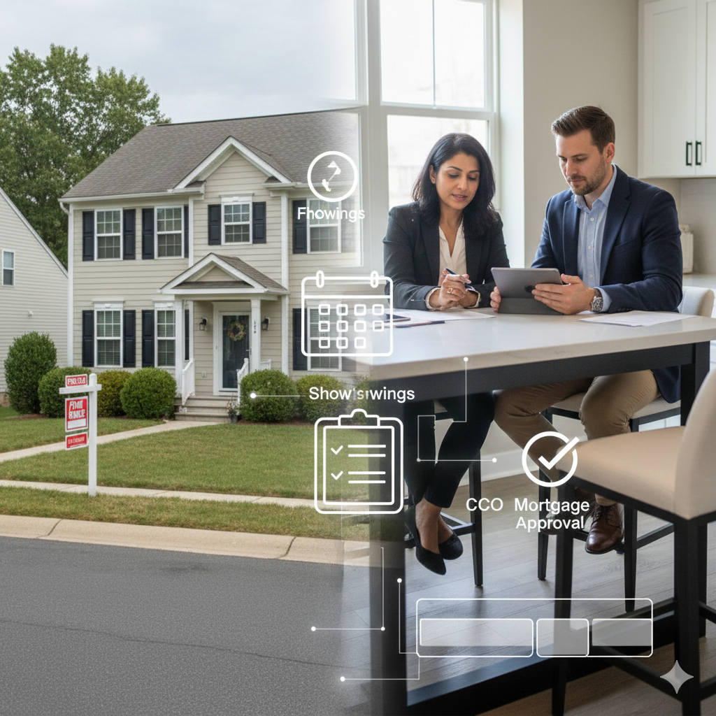 New Jersey homeowner and real estate agent reviewing traditional listing strategy on tablet with home and For Sale sign outside, illustrating showings, CCO inspection, and mortgage approval process in 2026 market