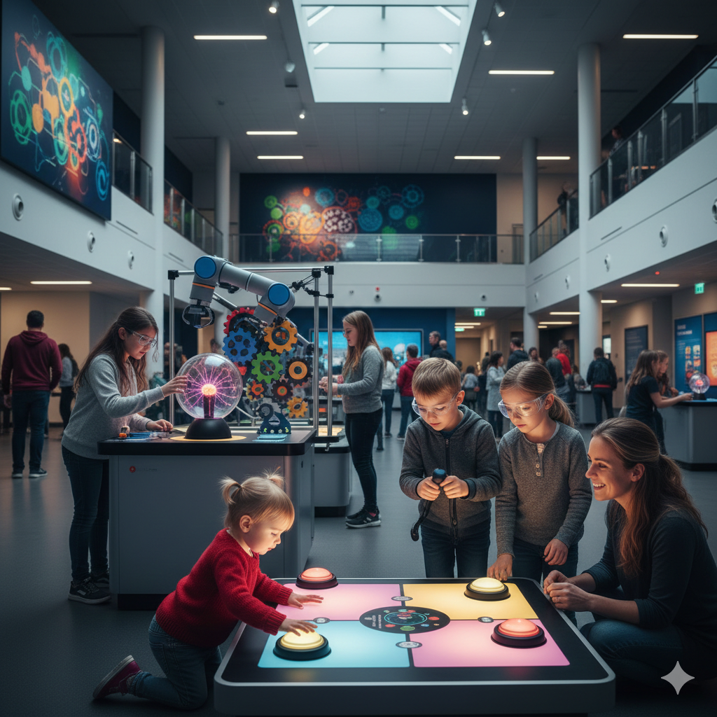 Family-friendly science center in North Jersey featuring children exploring interactive STEM exhibits, hands-on learning stations, and a modern indoor museum setting.