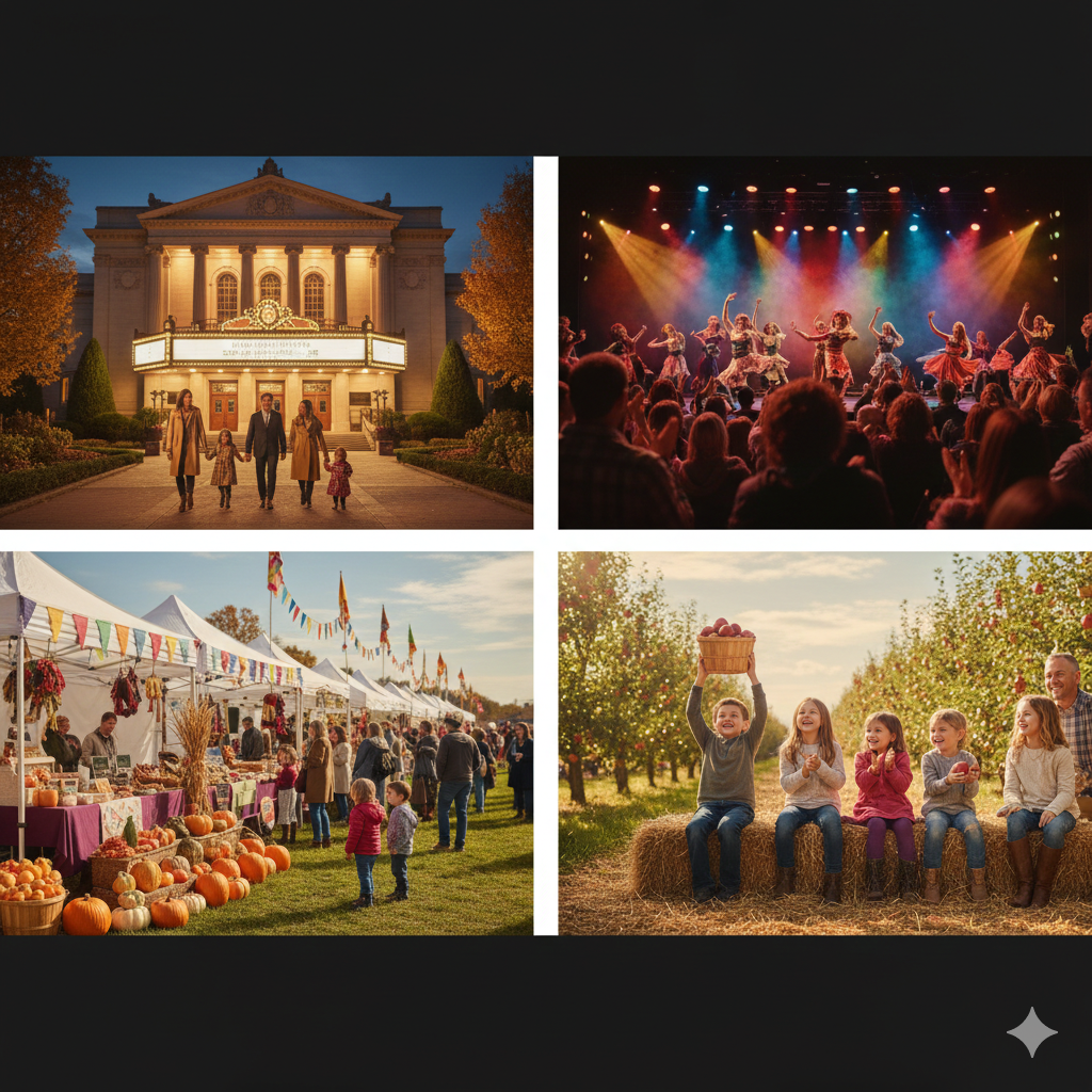 Seasonal events in North Jersey featuring a family arriving at a performing arts theater, a live stage performance, a fall farm festival with vendor tents and pumpkins, and children enjoying apple picking.
