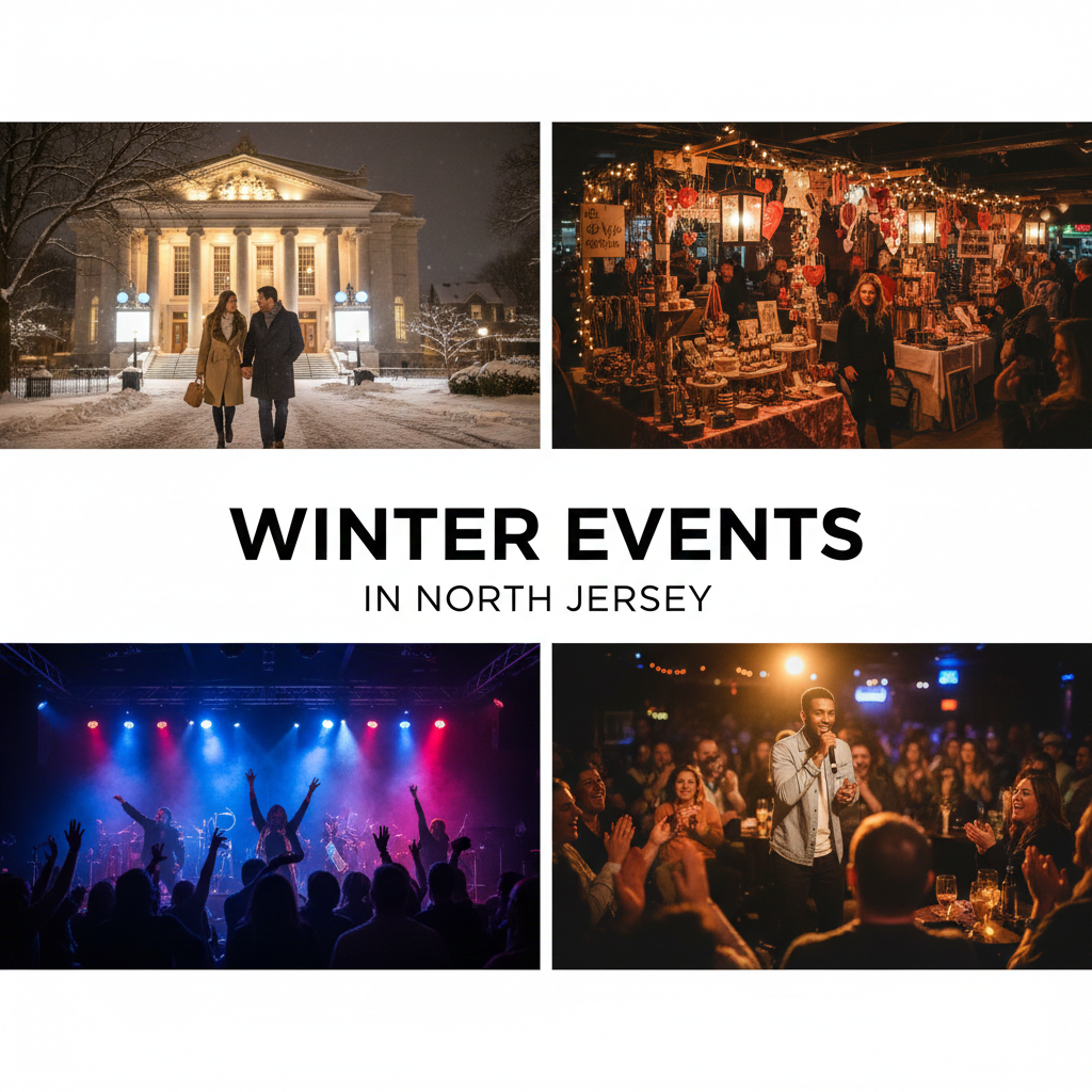 Winter events in North Jersey featuring a couple walking in snow outside a lit performing arts theater, a Valentine’s artisan market, live concert crowd, and comedy club performance.