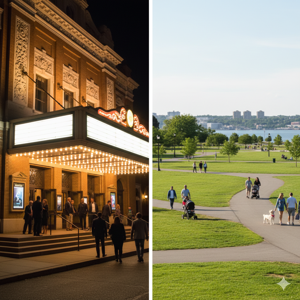 Split image showing indoor theater entertainment at night and outdoor North Jersey park with walking paths and waterfront skyline during the day, illustrating indoor vs outdoor weekend planning options.