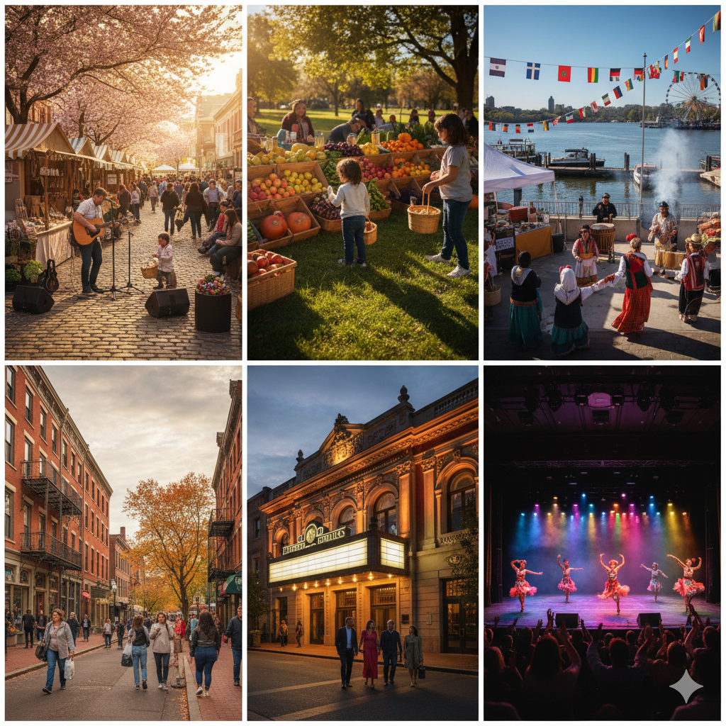North Jersey food and cultural festivals collage featuring downtown street fairs, farmers markets, waterfront celebrations with international flags, historic districts, performing arts theaters, and live stage dance performances.