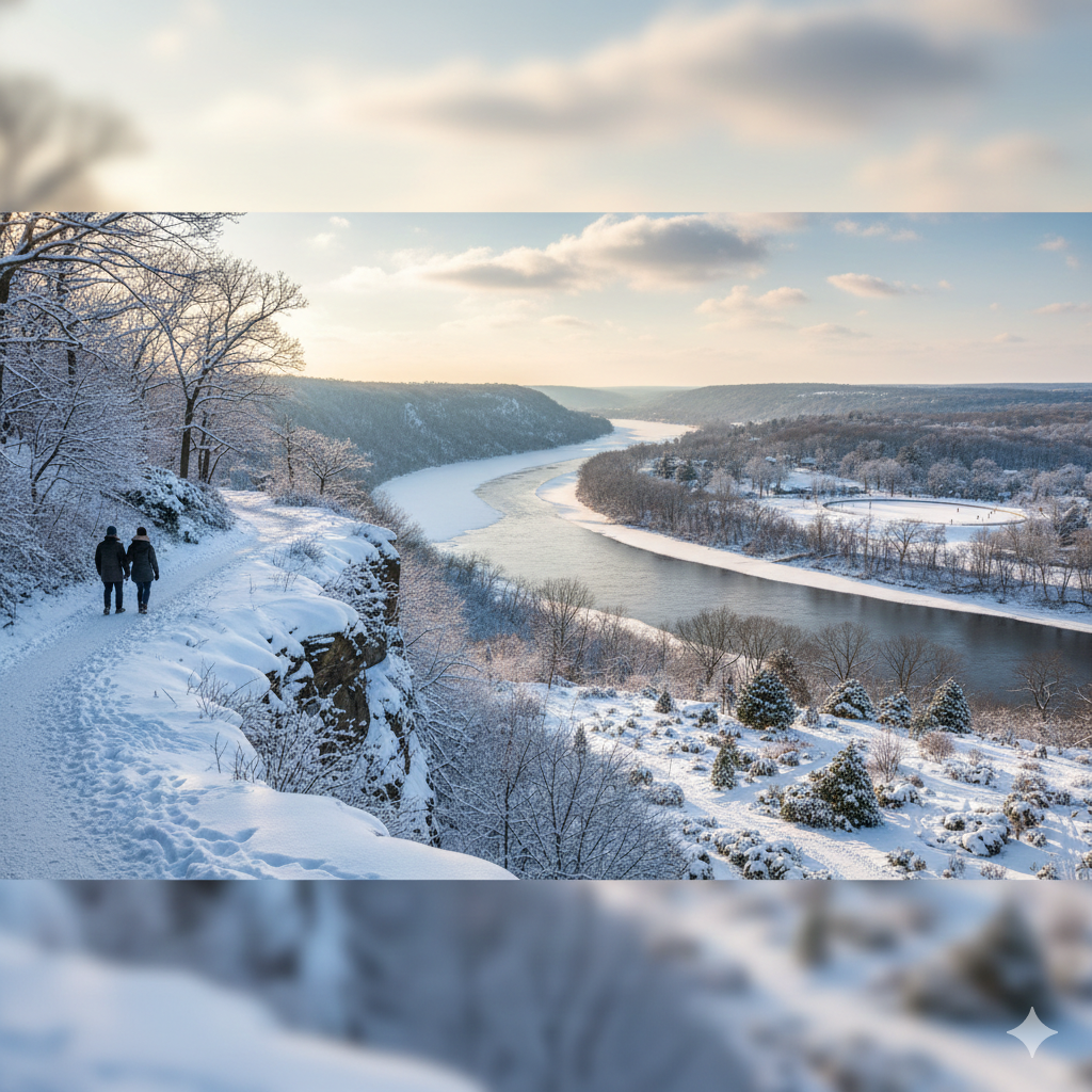 Winter hiking scene in North Jersey featuring a couple walking along a snow-covered cliffside trail overlooking the Hudson River and scenic valley at sunset.