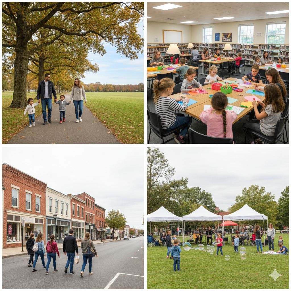 Free and budget-friendly activities in North Jersey featuring a family walking through a county park, children at a public library workshop, a self-guided downtown walking tour, and a community park event.