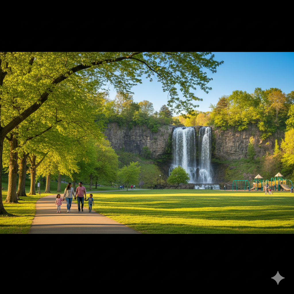 Family walking along a paved park trail in North Jersey with a scenic waterfall, open green field, and playground area under bright spring sunlight.