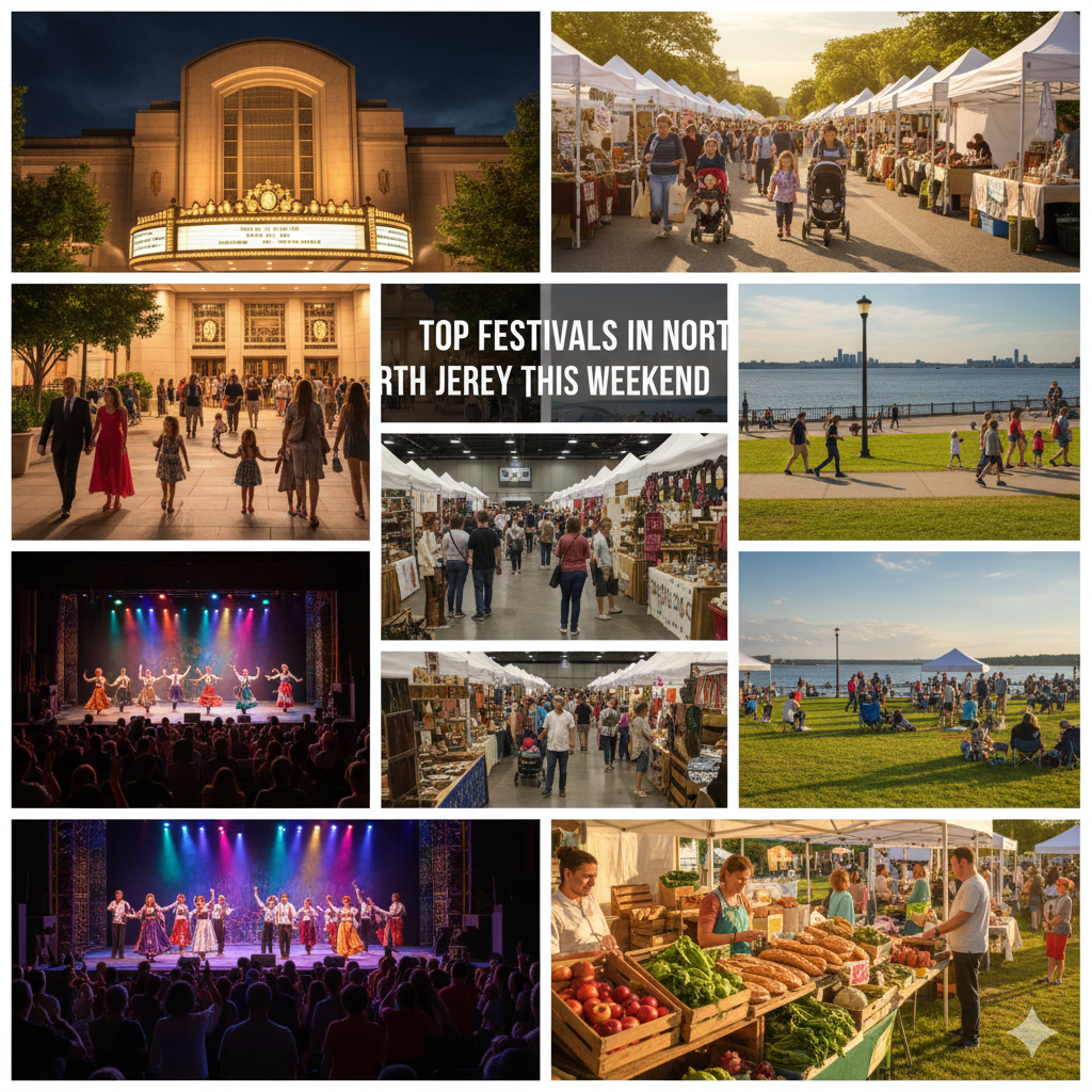 North Jersey weekend festivals collage featuring a performing arts theater, live stage performances, an indoor expo, farmers markets, waterfront park gatherings, and community street events.
