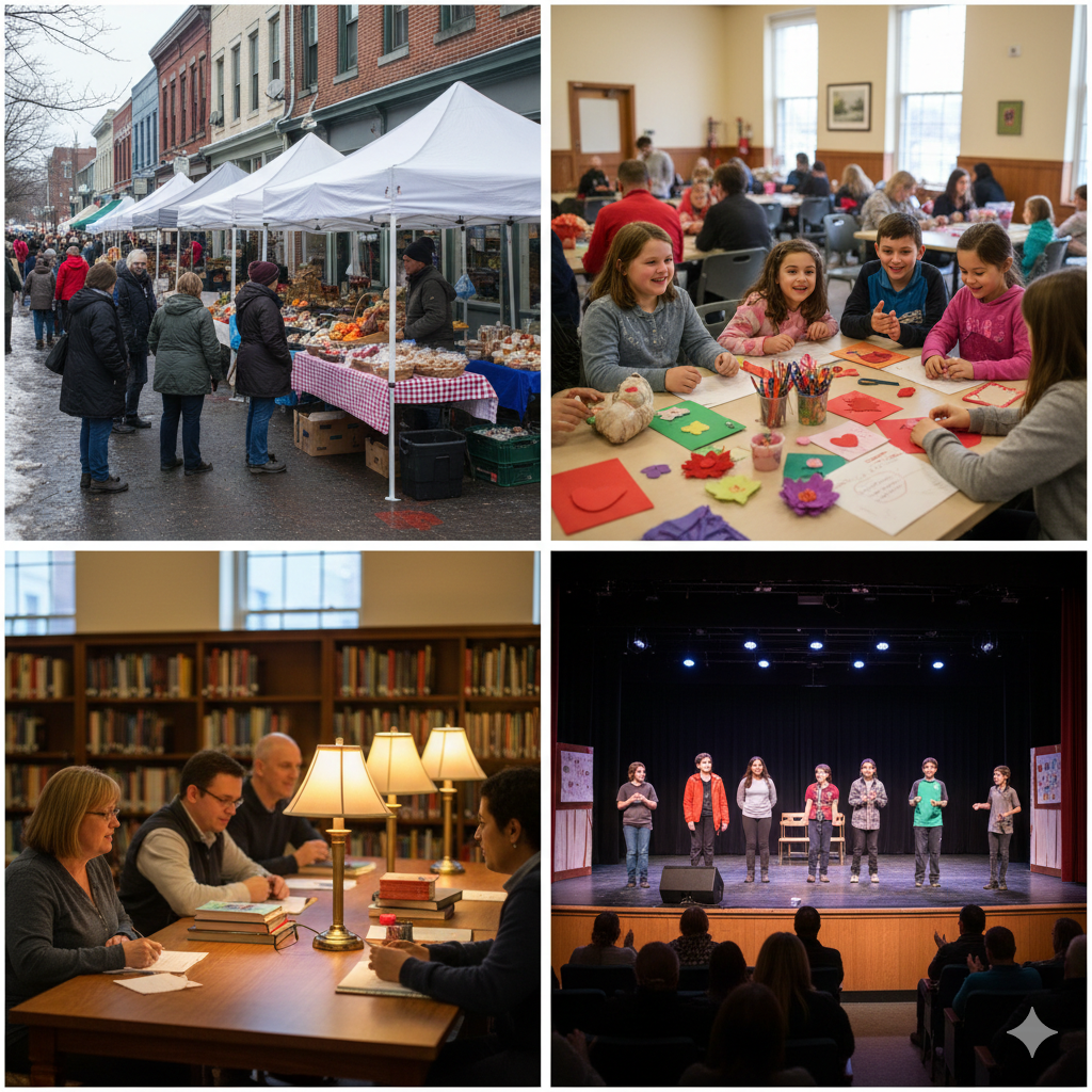 Winter community activities in North Jersey featuring a downtown farmers market, kids at a Valentine craft workshop, adults at a public library program, and a local high school theater performance.
