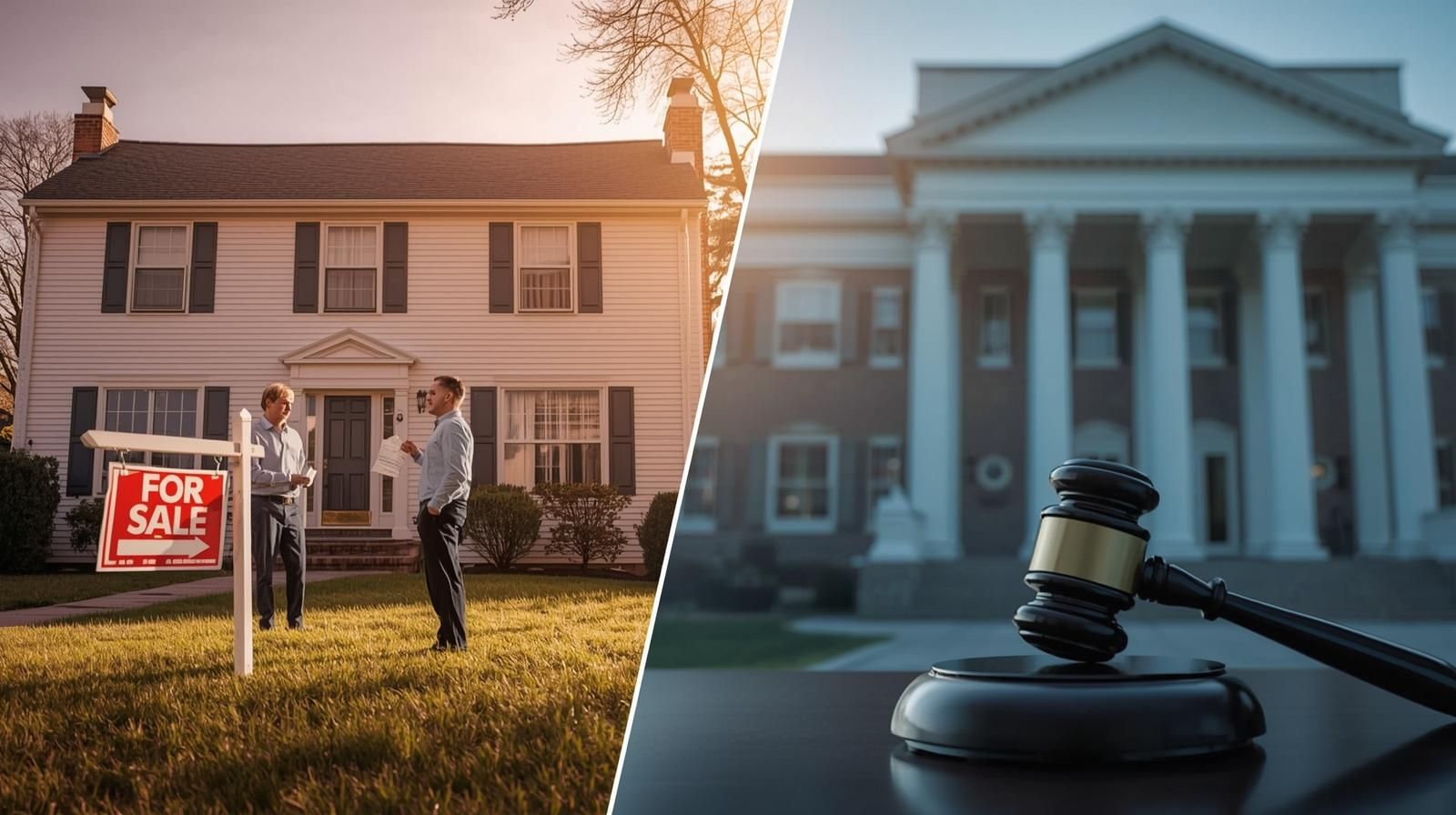 Split image showing short sale home with homeowner and agent in Clifton NJ on one side and courthouse with judge’s gavel representing foreclosure process in Passaic County