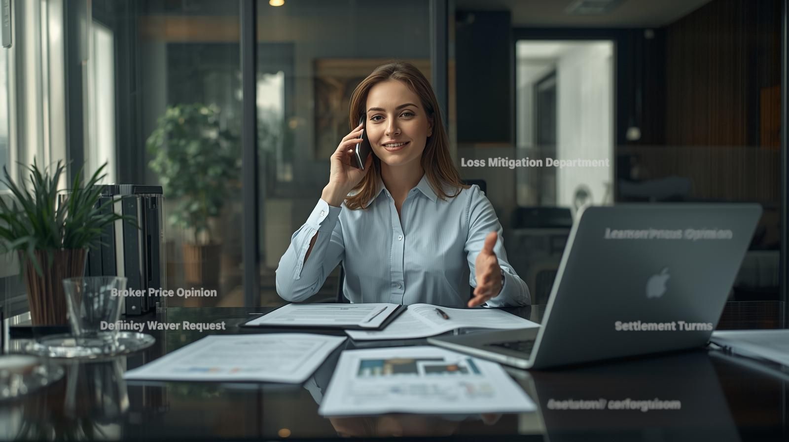 Real estate professional negotiating with lender in New Jersey office reviewing Broker Price Opinion and deficiency waiver documents during short sale process 2026