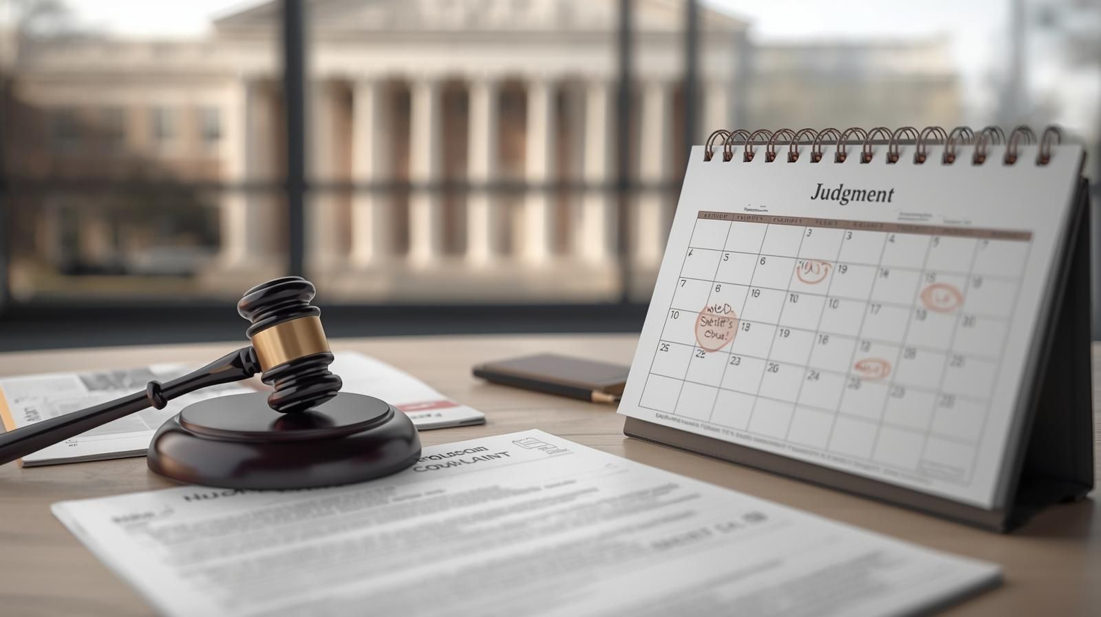 Judicial foreclosure process in New Jersey with gavel, foreclosure complaint documents, and calendar marking judgment and sheriff’s sale in Passaic County court setting