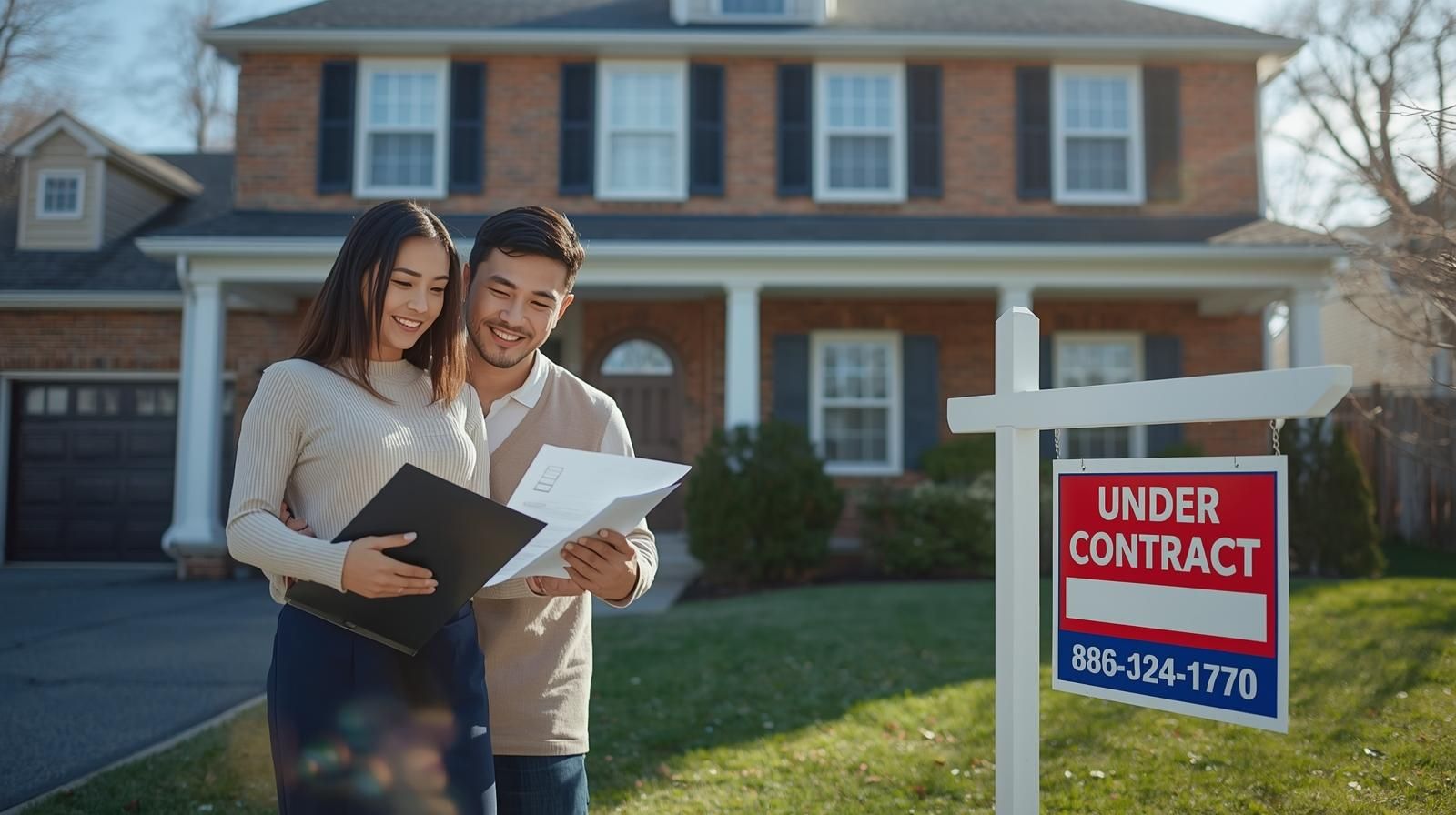 Buyers reviewing paperwork in front of Clifton NJ colonial home with under contract sign in Allwood neighborhood Passaic County real estate 2026