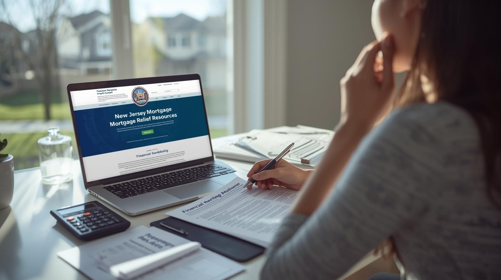Homeowner reviewing New Jersey mortgage relief programs on laptop with financial hardship documents and calculator, exploring ERMA foreclosure assistance options in 2026