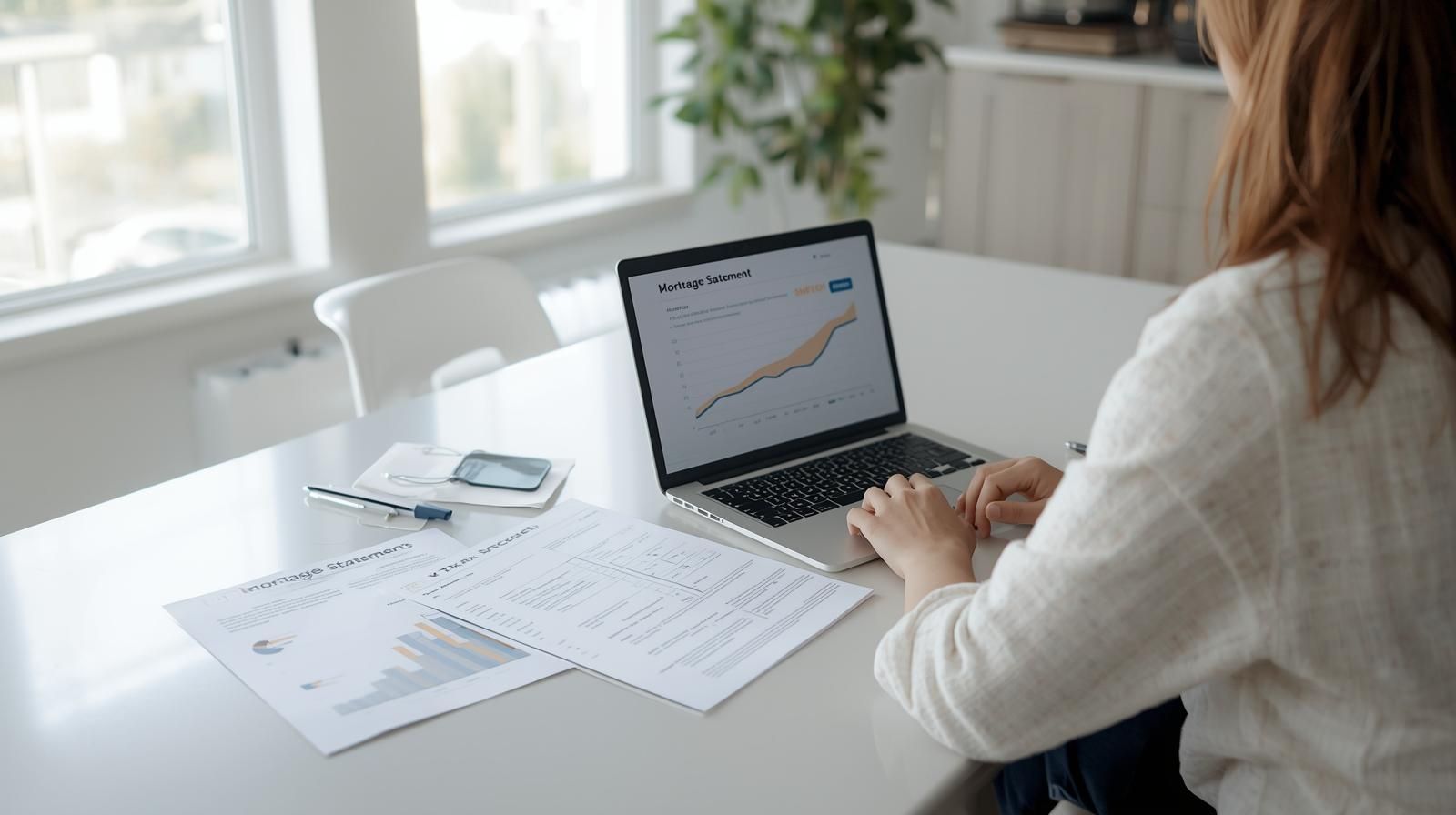 Homeowner reviewing mortgage statement and credit score chart on laptop at kitchen table, financial recovery after short sale in New Jersey 2026