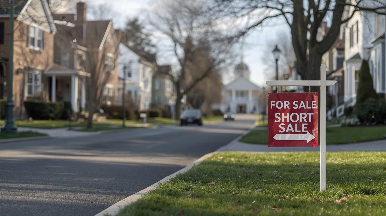 Short sale home for sale sign on suburban Clifton NJ street with colonial houses in Passaic County neighborhood 2026 real estate market