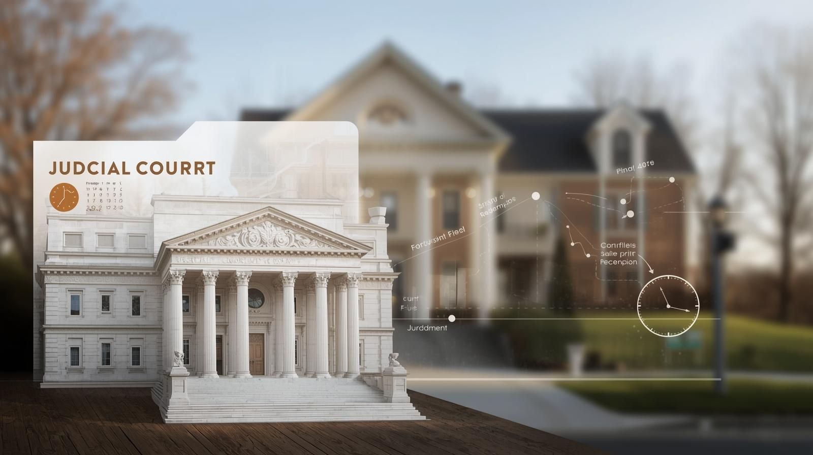 Passaic County judicial foreclosure illustration showing courthouse with legal timeline overlay, calendar, and suburban home background representing Sheriff’s Sale process and New Jersey court delays.