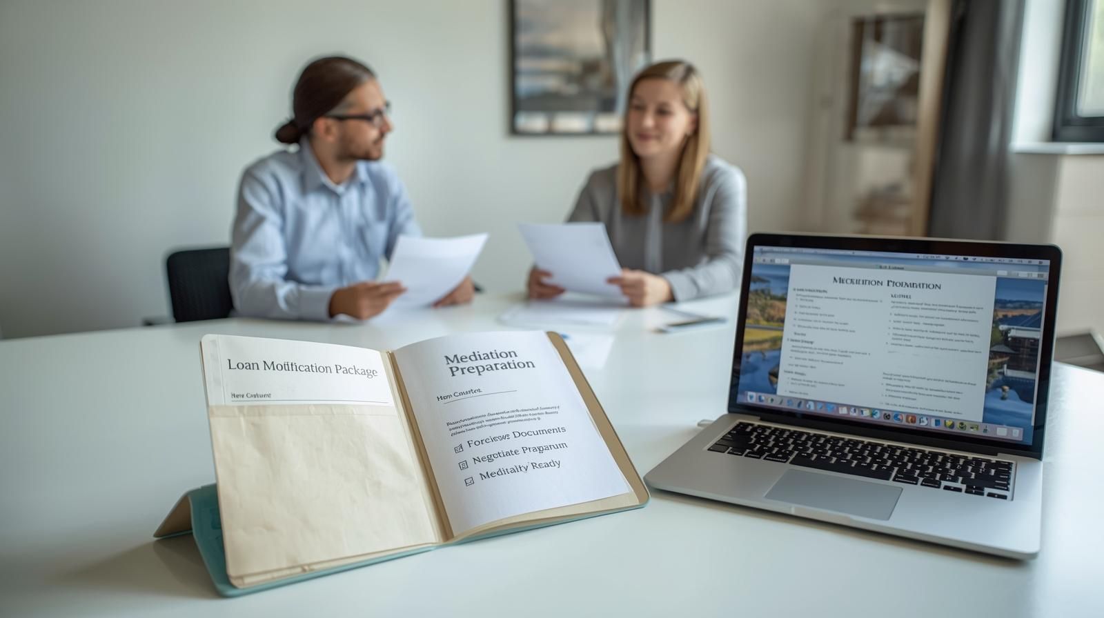 Passaic County housing counseling meeting showing homeowner and counselor reviewing loan modification package and mediation preparation documents with foreclosure assistance checklist on laptop.