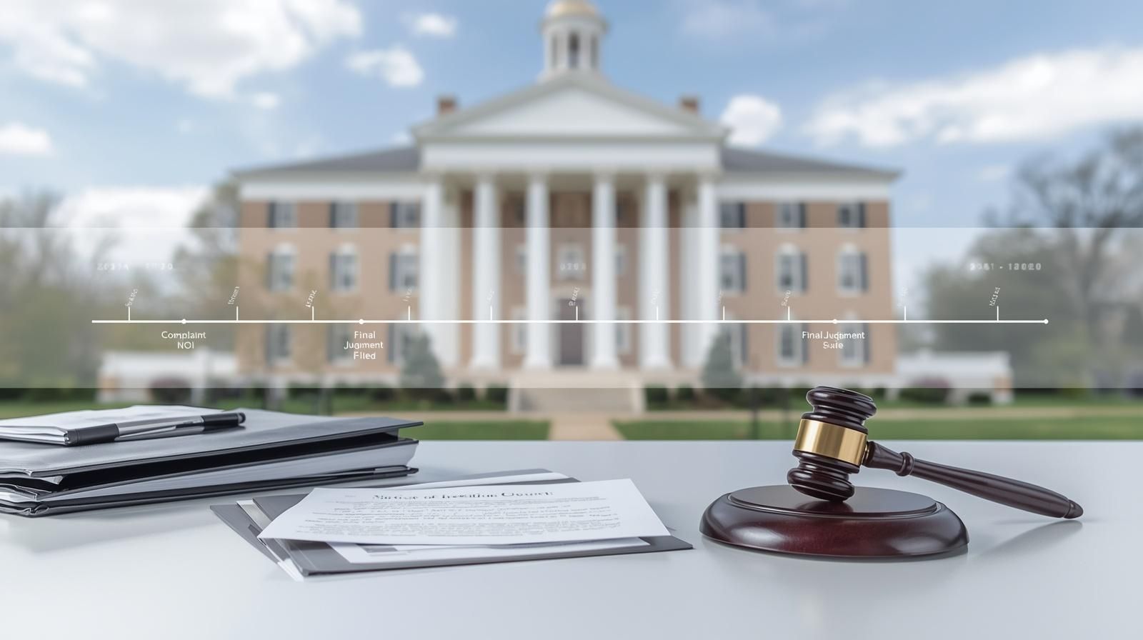 Passaic County foreclosure process illustration showing courthouse backdrop with legal desk, gavel, Notice of Intention document, and timeline from complaint to Sheriff’s Sale under NJ judicial foreclosure law.
